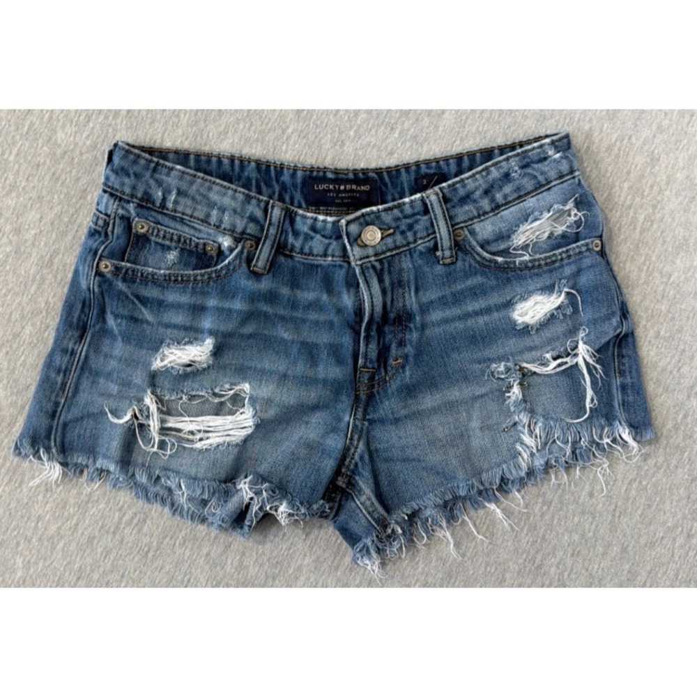 Lucky Brand Cut Off Shorts Womens 2 Blue Denim Cotton Raw Hem Distressed Ripped